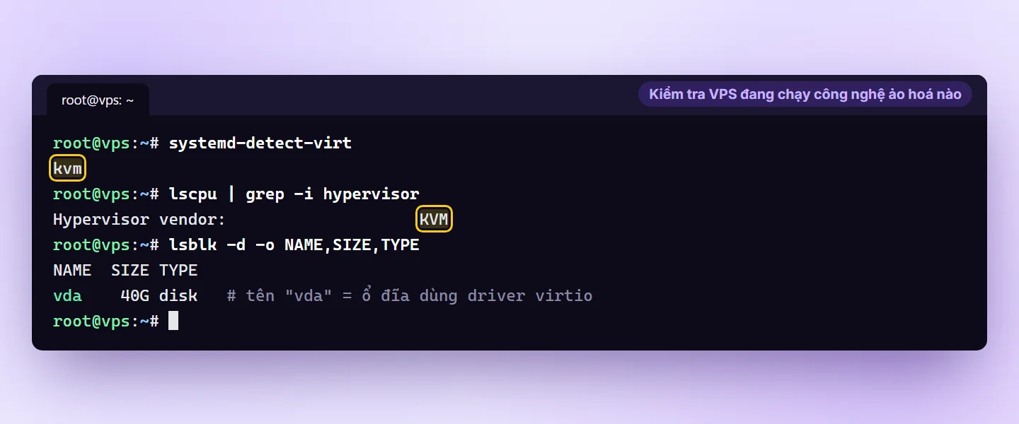 Terminal Linux chạy systemd-detect-virt trả về kvm, lscpu hiện Hypervisor vendor KVM và lsblk hiện ổ vda