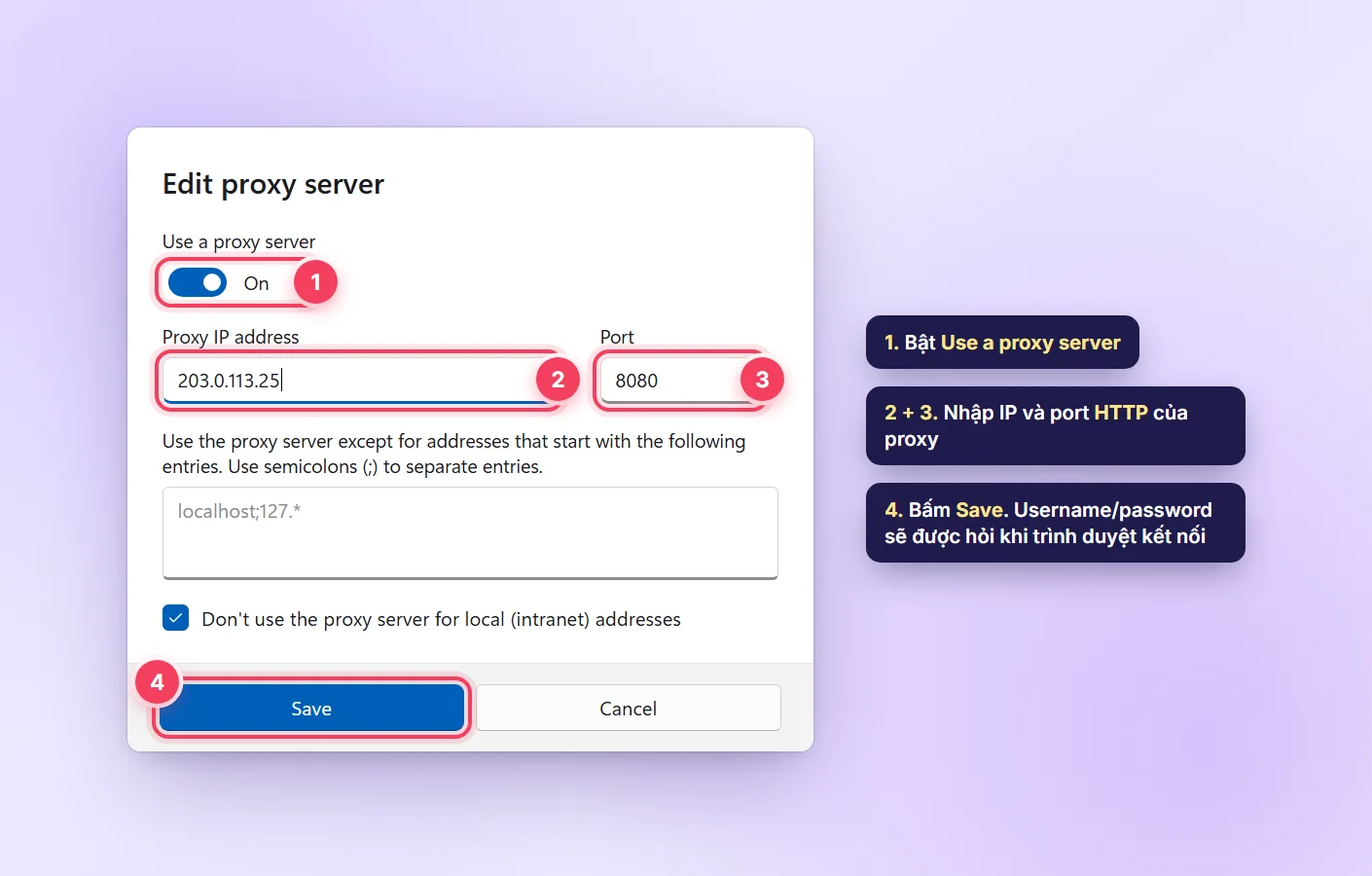 Hộp thoại Edit proxy server trên Windows 11 với IP 203.0.113.25 và port 8080