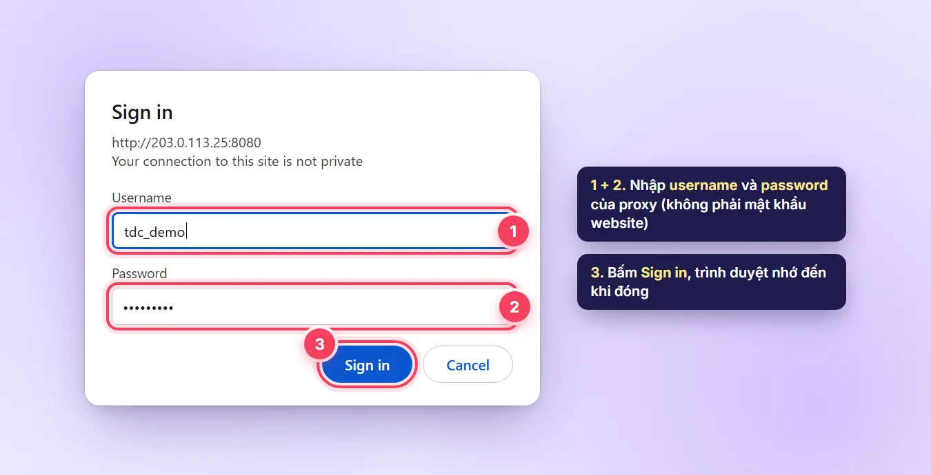 Hộp đăng nhập proxy trên Chrome yêu cầu username và password