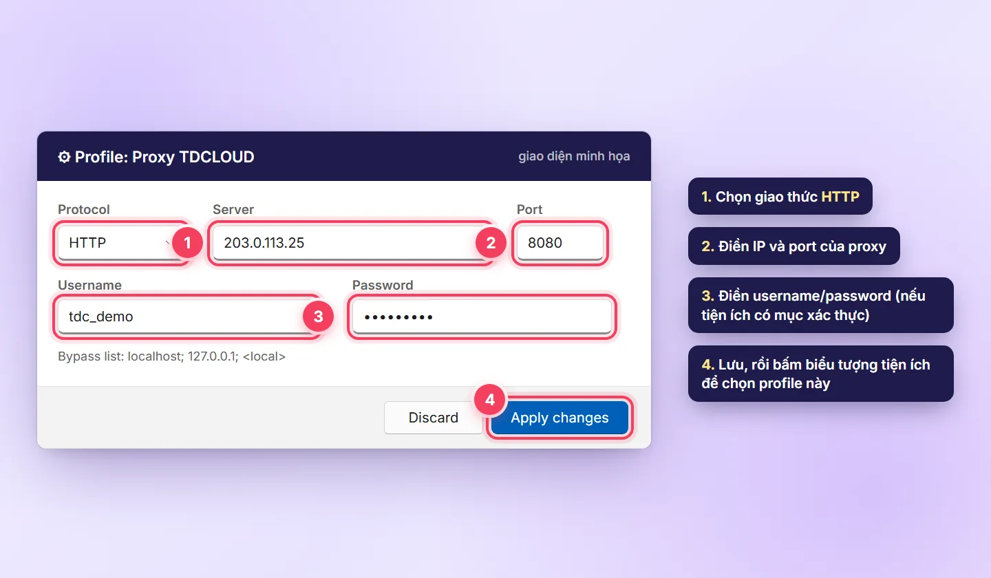 Minh họa màn hình cấu hình profile proxy trong tiện ích trình duyệt với giao thức HTTP, server, port, username, password