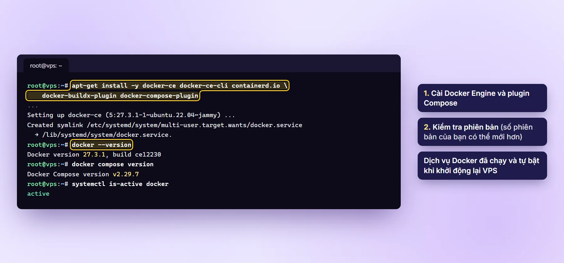 Cài docker-ce và docker-compose-plugin, kiểm tra docker --version và systemctl is-active docker