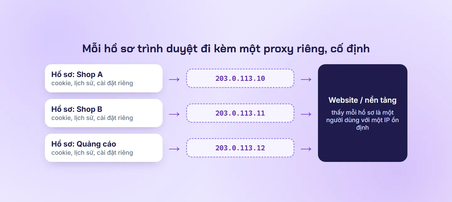 Sơ đồ mỗi hồ sơ trình duyệt đi kèm một proxy riêng với IP khác nhau tới website