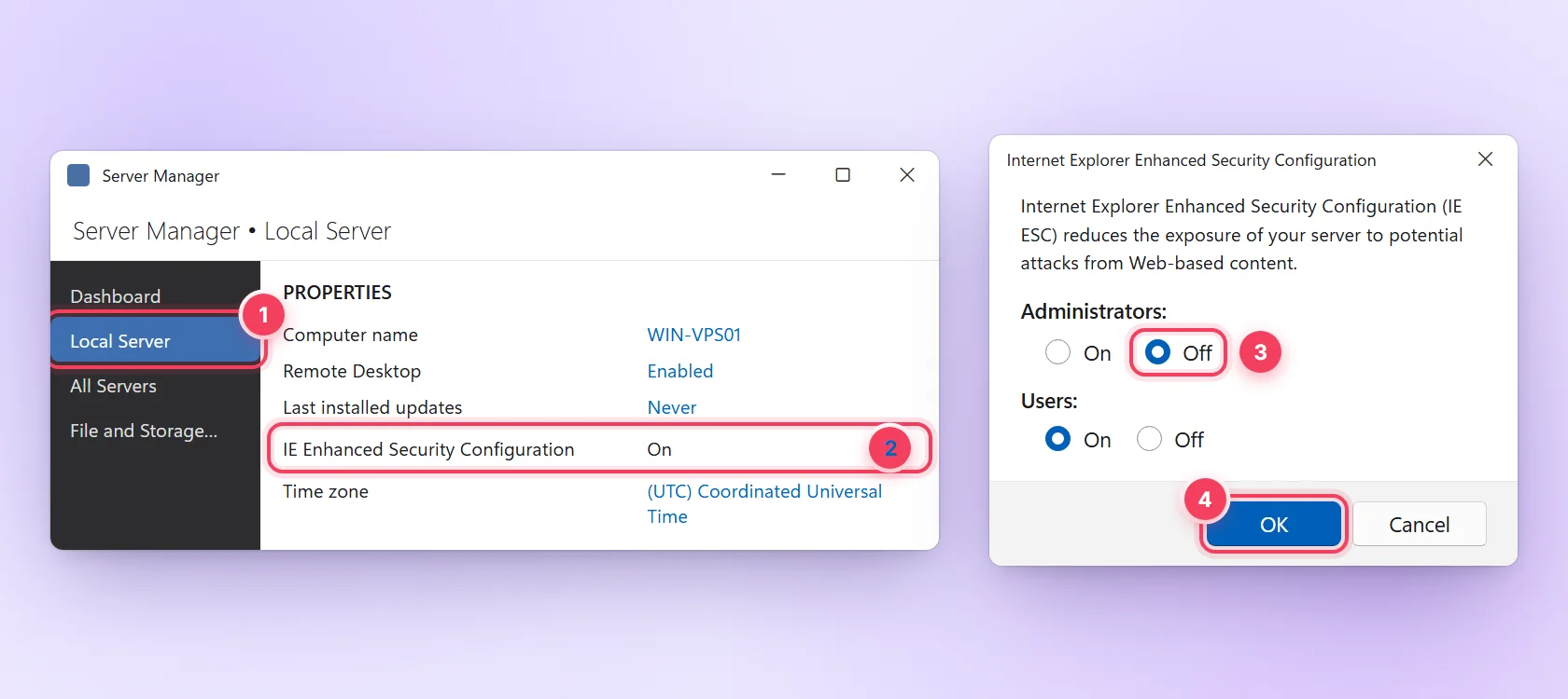 Server Manager trên VPS Windows: Local Server, tắt IE Enhanced Security Configuration cho Administrators
