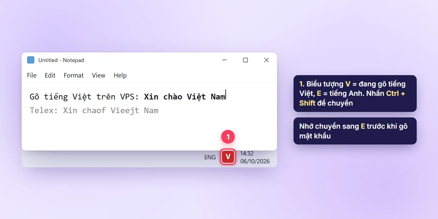 Gõ tiếng Việt trong Notepad trên VPS Windows, biểu tượng Unikey chữ V ở khay hệ thống