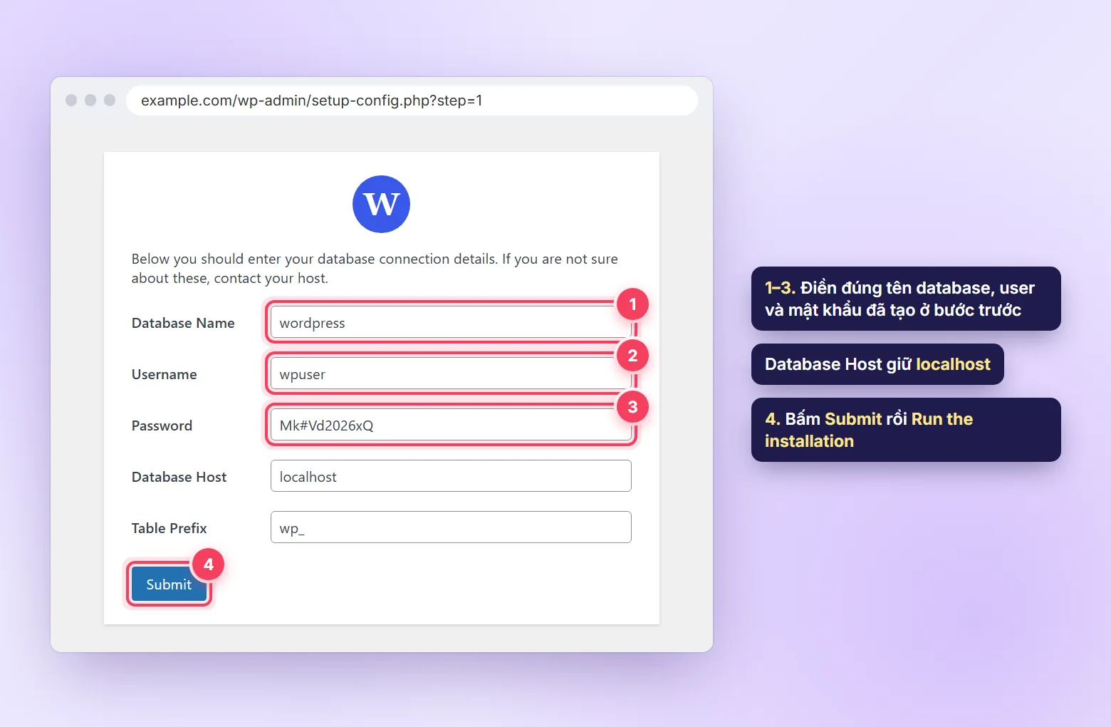 Trang setup-config.php của WordPress điền Database Name, Username, Password và Database Host localhost