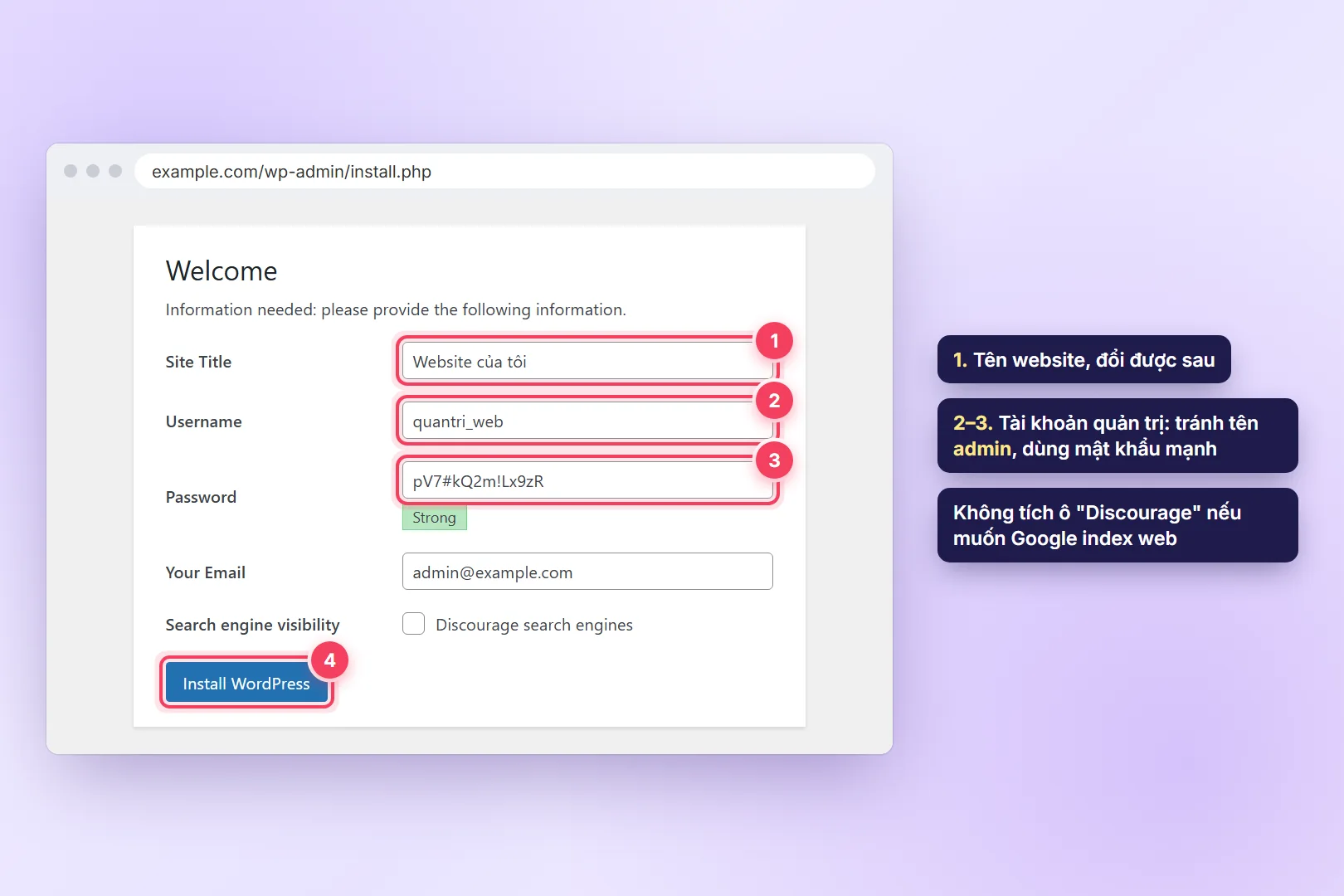Trang Welcome của trình cài đặt WordPress với Site Title, Username, Password và nút Install WordPress
