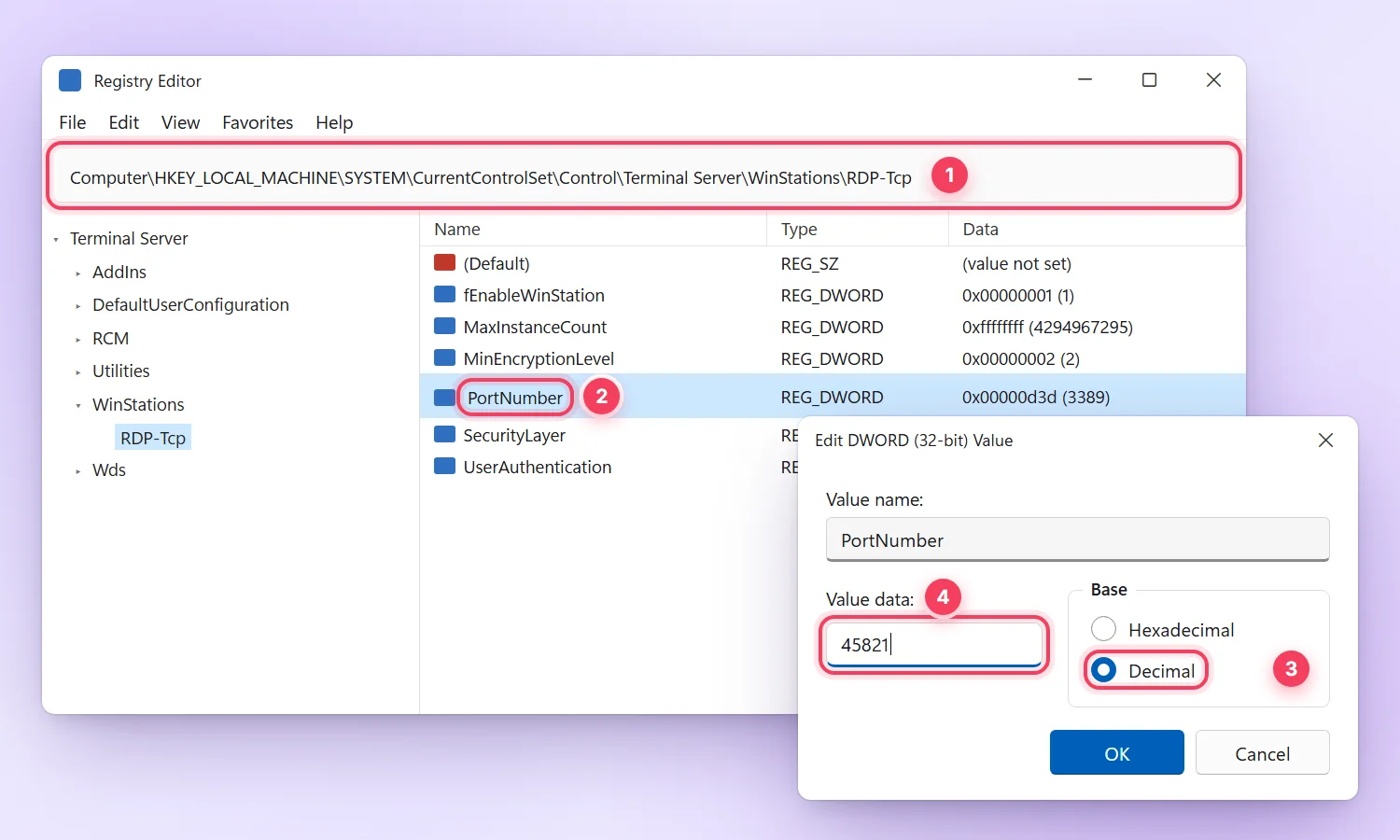 Registry Editor mở khoá RDP-Tcp, sửa giá trị PortNumber sang 45821 ở chế độ Decimal