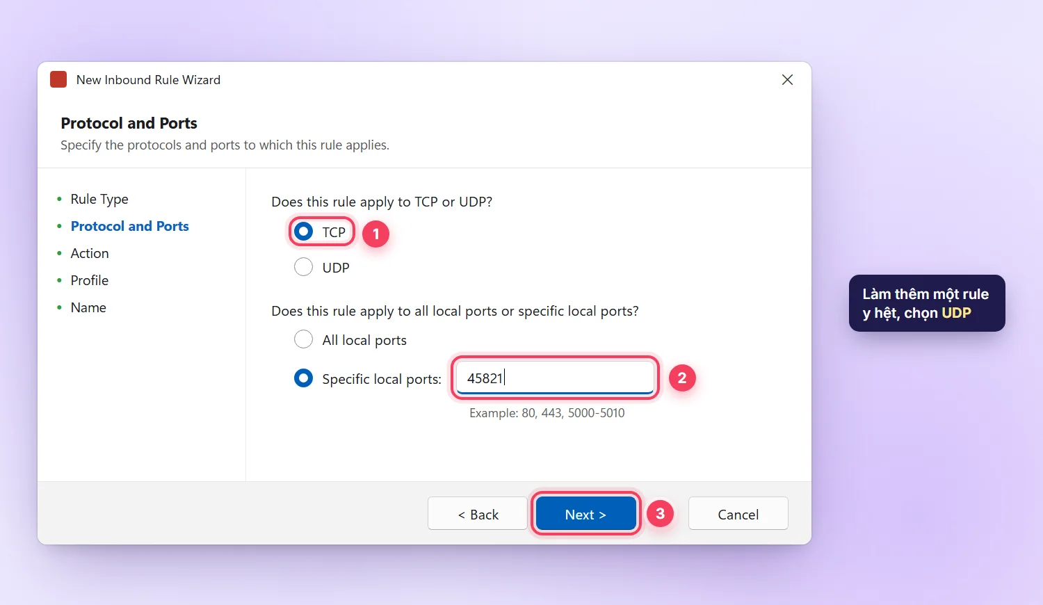 New Inbound Rule Wizard của Windows Firewall, bước Protocol and Ports chọn TCP và nhập port 45821