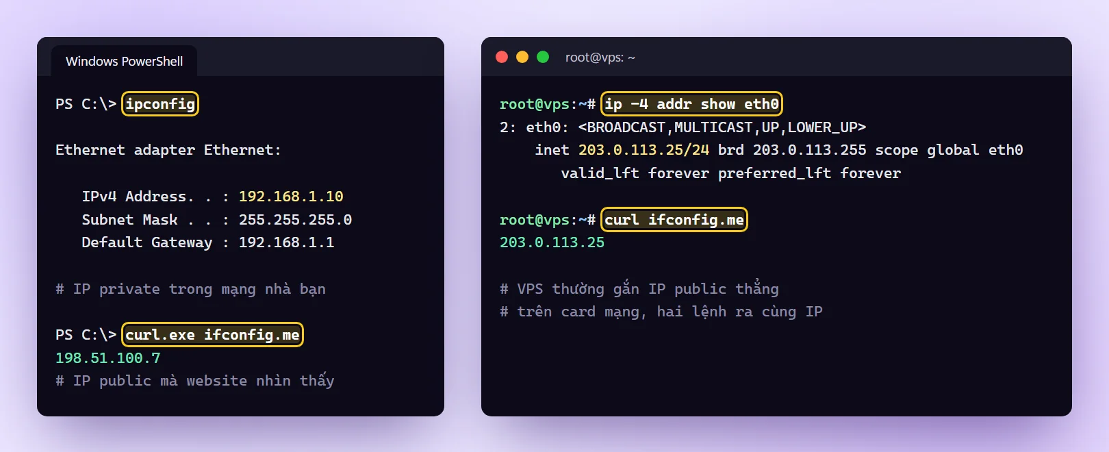 Lệnh ipconfig và curl ifconfig.me trên Windows, lệnh ip addr và curl ifconfig.me trên VPS Linux