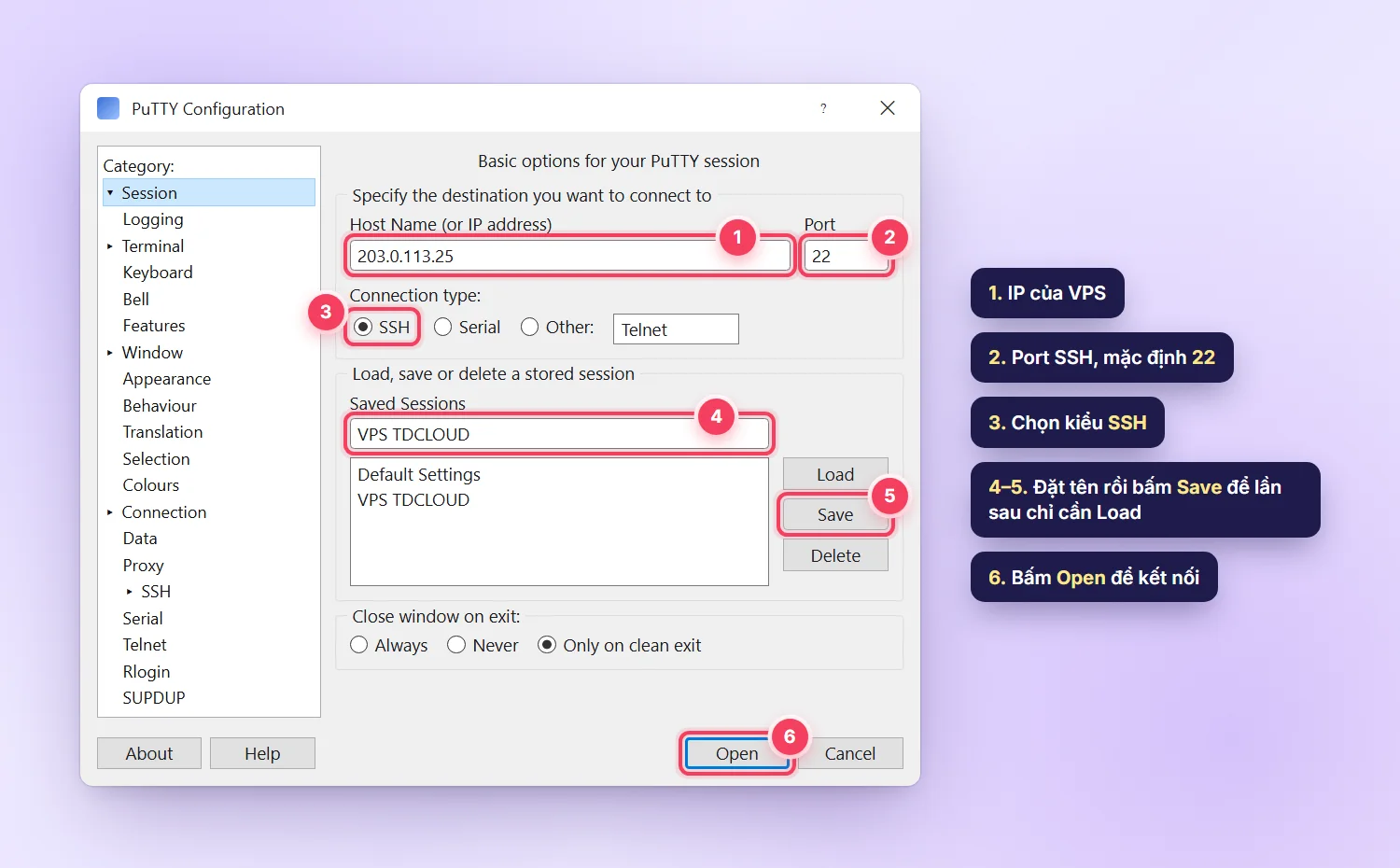 Cửa sổ PuTTY Configuration: nhập IP, port 22, chọn SSH, lưu session và bấm Open