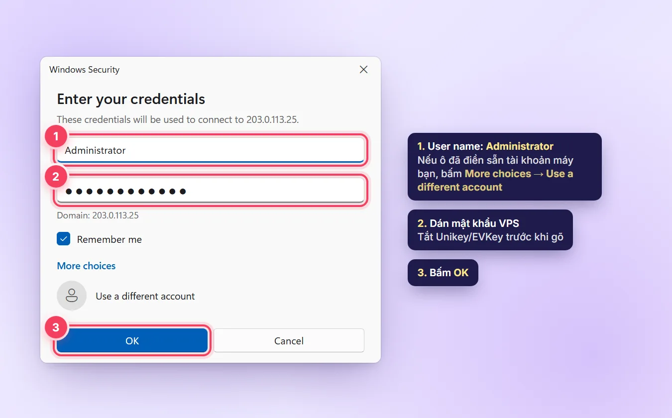 Hộp thoại Windows Security Enter your credentials, nhập Administrator và mật khẩu VPS