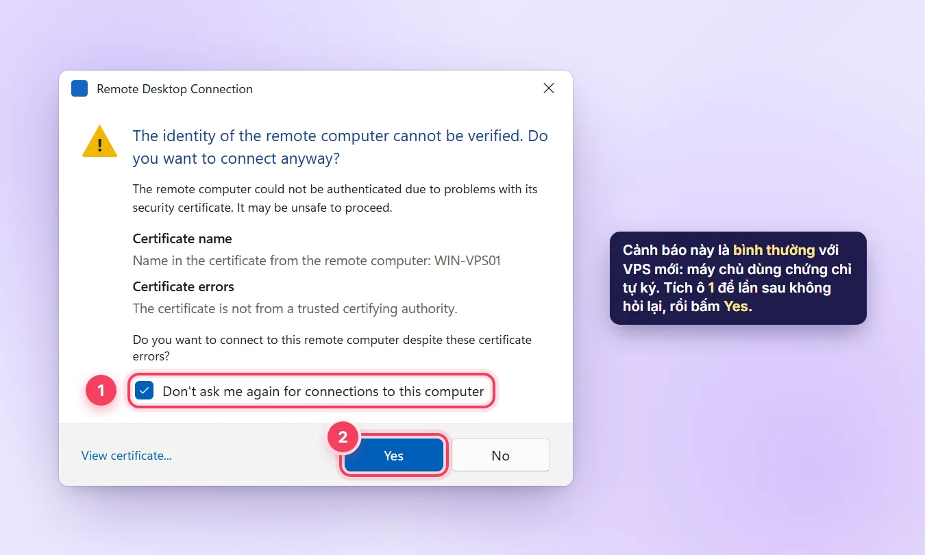 Cảnh báo The identity of the remote computer cannot be verified khi kết nối Remote Desktop lần đầu