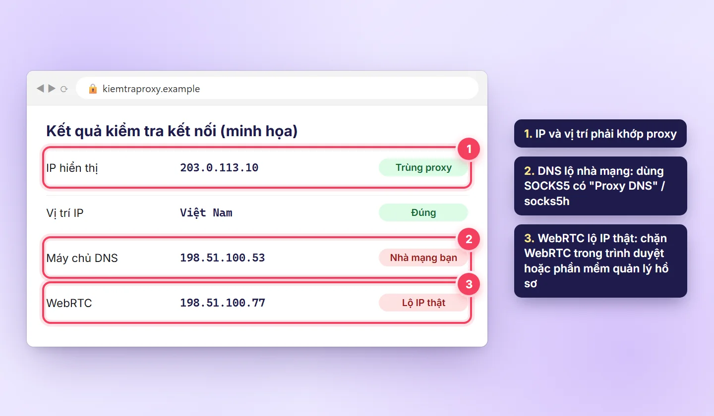 Trang kiểm tra kết nối minh họa: IP trùng proxy, vị trí Việt Nam, DNS và WebRTC đang lộ IP nhà mạng