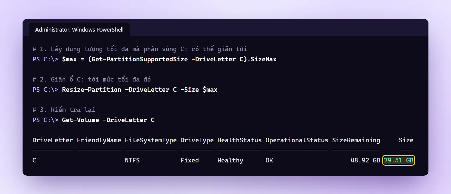 PowerShell dùng Get-PartitionSupportedSize và Resize-Partition để giãn ổ C:
