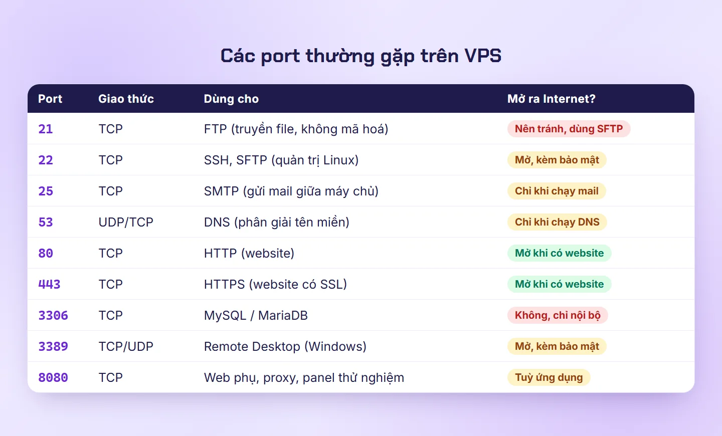 Bảng các port thường gặp trên VPS: 21, 22, 25, 53, 80, 443, 3306, 3389, 8080 kèm giao thức và có nên mở ra Internet