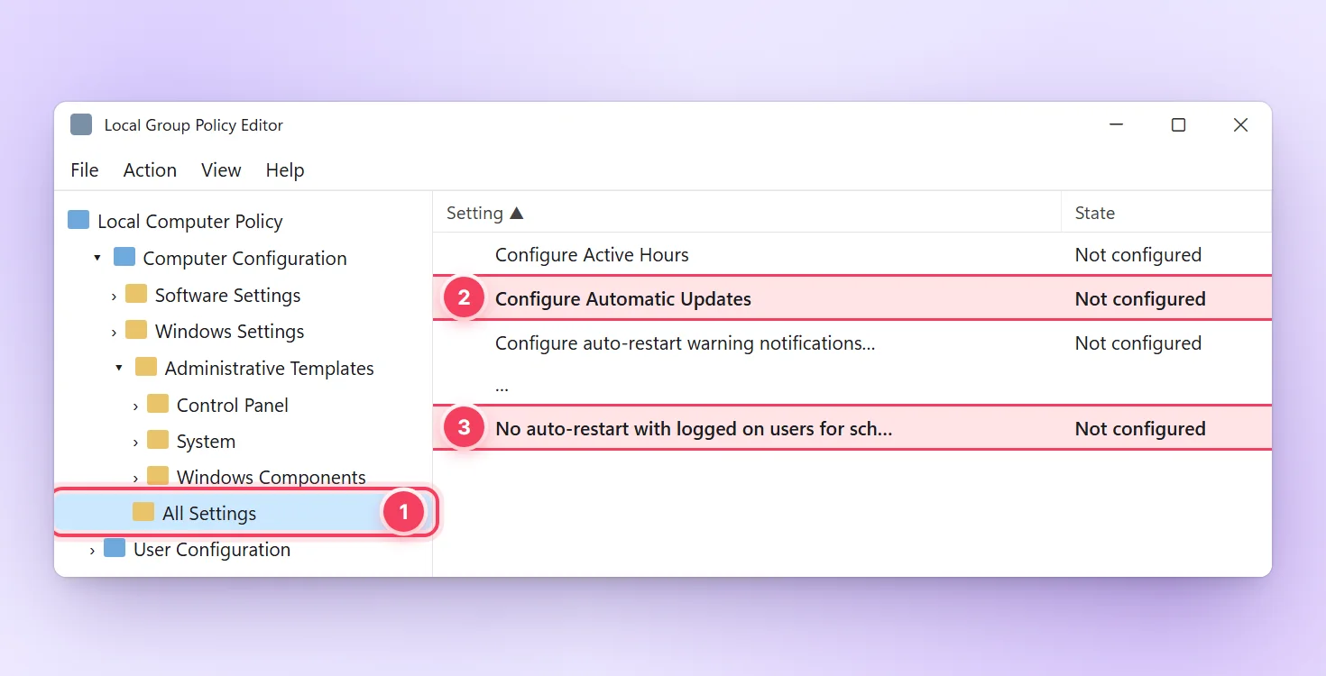 Local Group Policy Editor, mục All Settings, hai chính sách Configure Automatic Updates và No auto-restart with logged on users