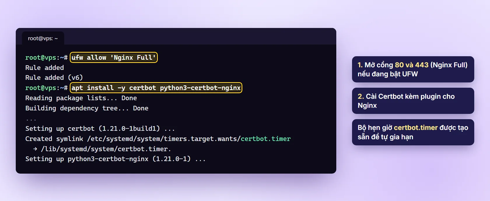 Terminal mở cổng Nginx Full bằng UFW và cài certbot python3-certbot-nginx