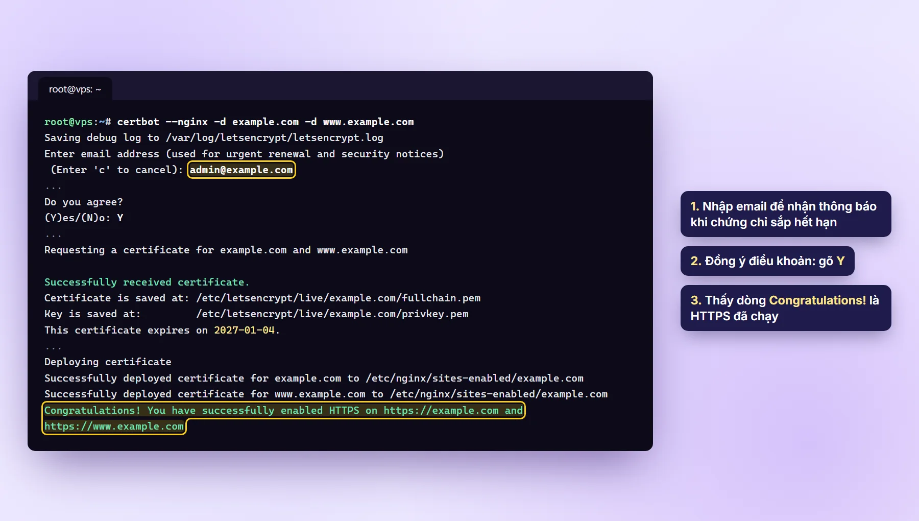 Kết quả lệnh certbot --nginx: Successfully received certificate và Congratulations! You have successfully enabled HTTPS