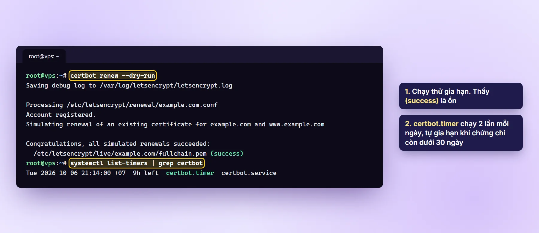 Lệnh certbot renew --dry-run báo success và certbot.timer đang hoạt động
