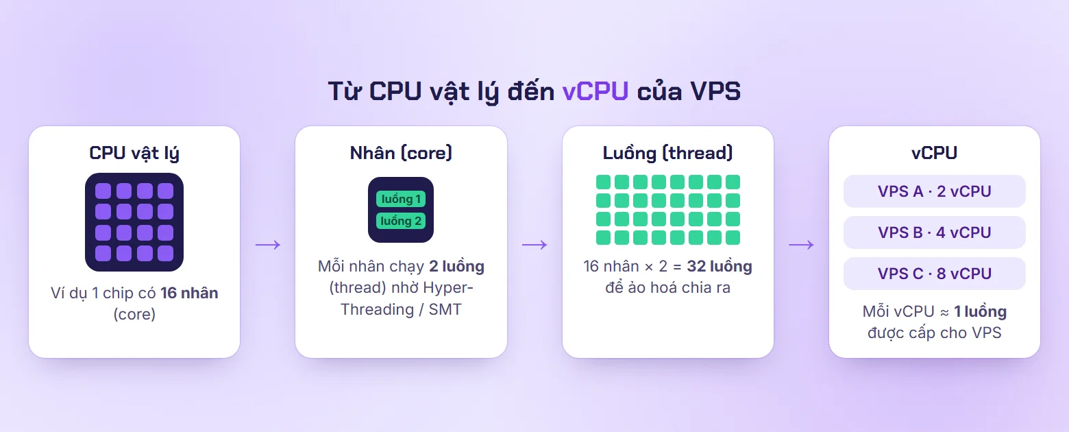 Sơ đồ từ CPU vật lý, nhân, luồng đến vCPU được cấp cho từng VPS