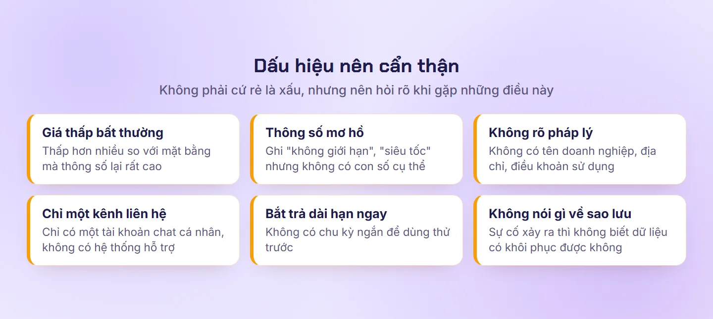 Sáu dấu hiệu nên cẩn thận khi thuê VPS giá rẻ: giá thấp bất thường, thông số mơ hồ, không rõ pháp lý, chỉ một kênh liên hệ, bắt trả dài hạn, không nói về sao lưu